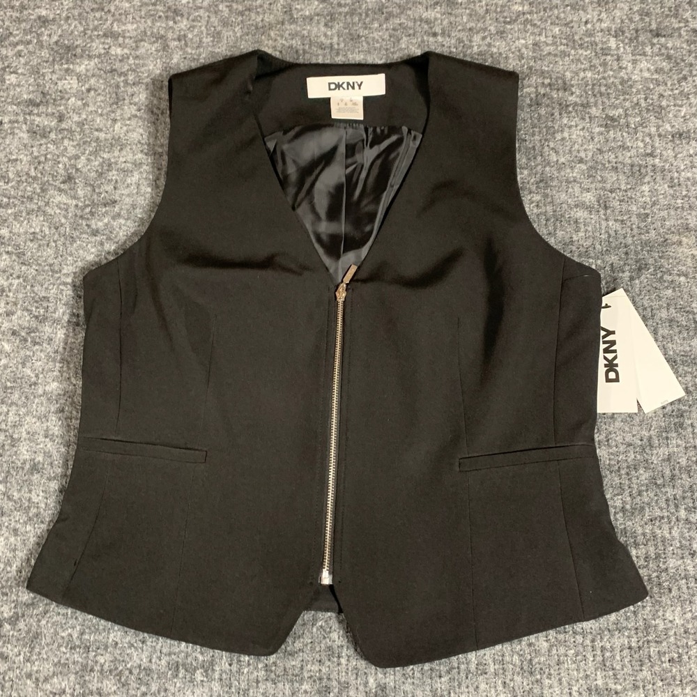 DKNY Top Womens 4 Black Full Zip Sleeveless Suit Vest Career Professional $99